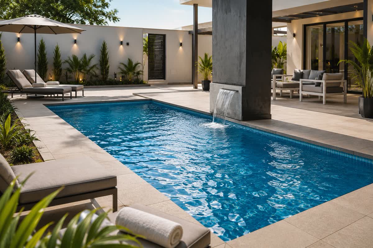 Backyard pool at dusk, ready for the season